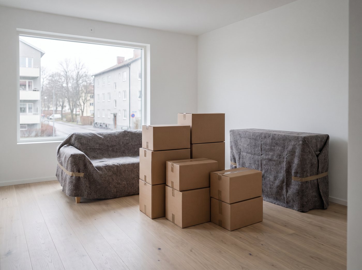 Stablede flytteesker og møbler dekket med teppetrekk i en tom stue med lyst tregulv