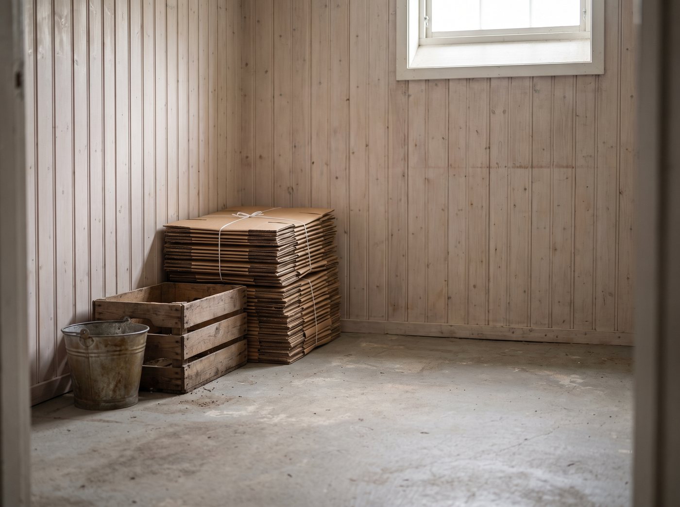 Kjellerbod med sammenbrettede pappesker, trekasse og en gammel metallbøtte på betonggulv